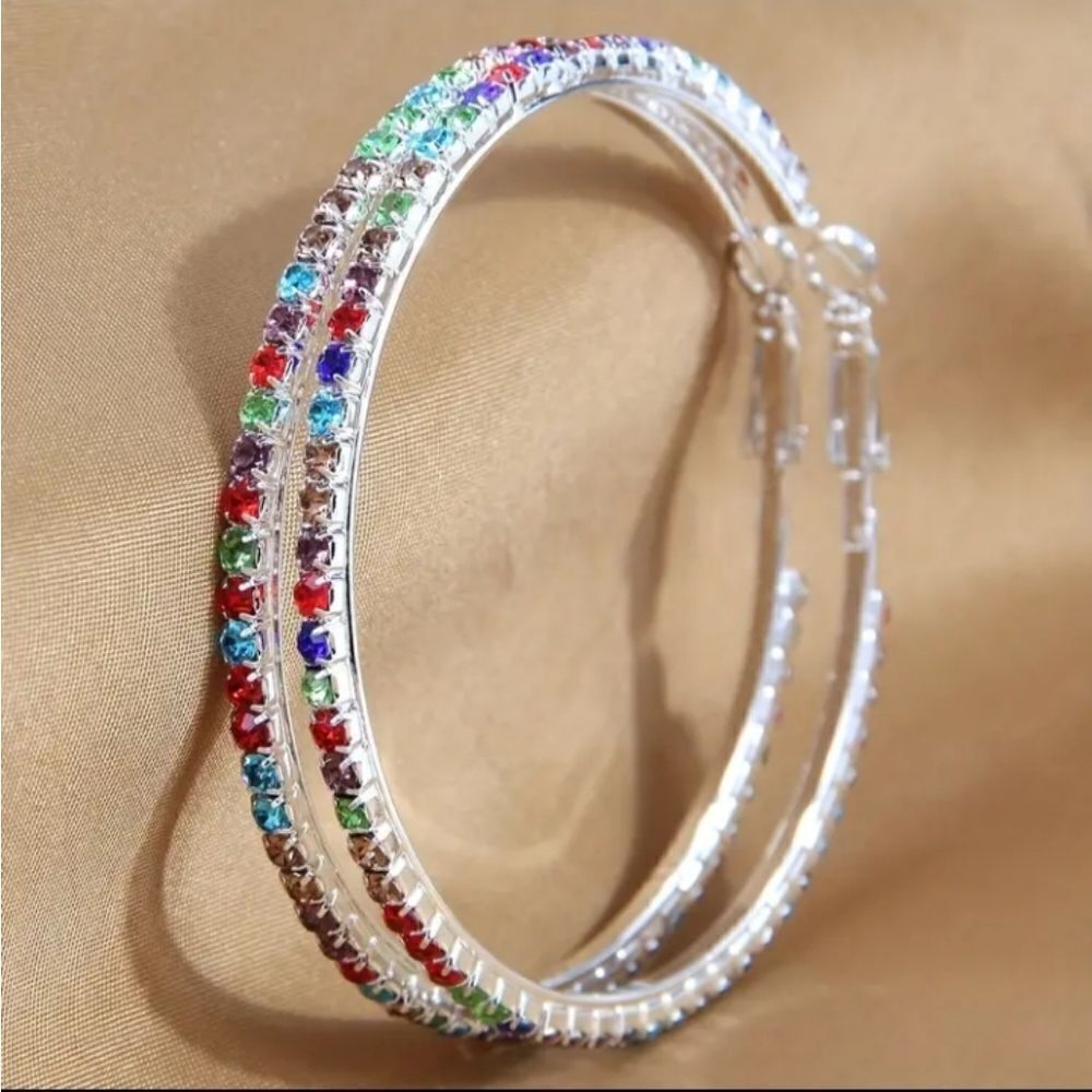 Rainbow Color Rhinestone Silver Hoop Earrings